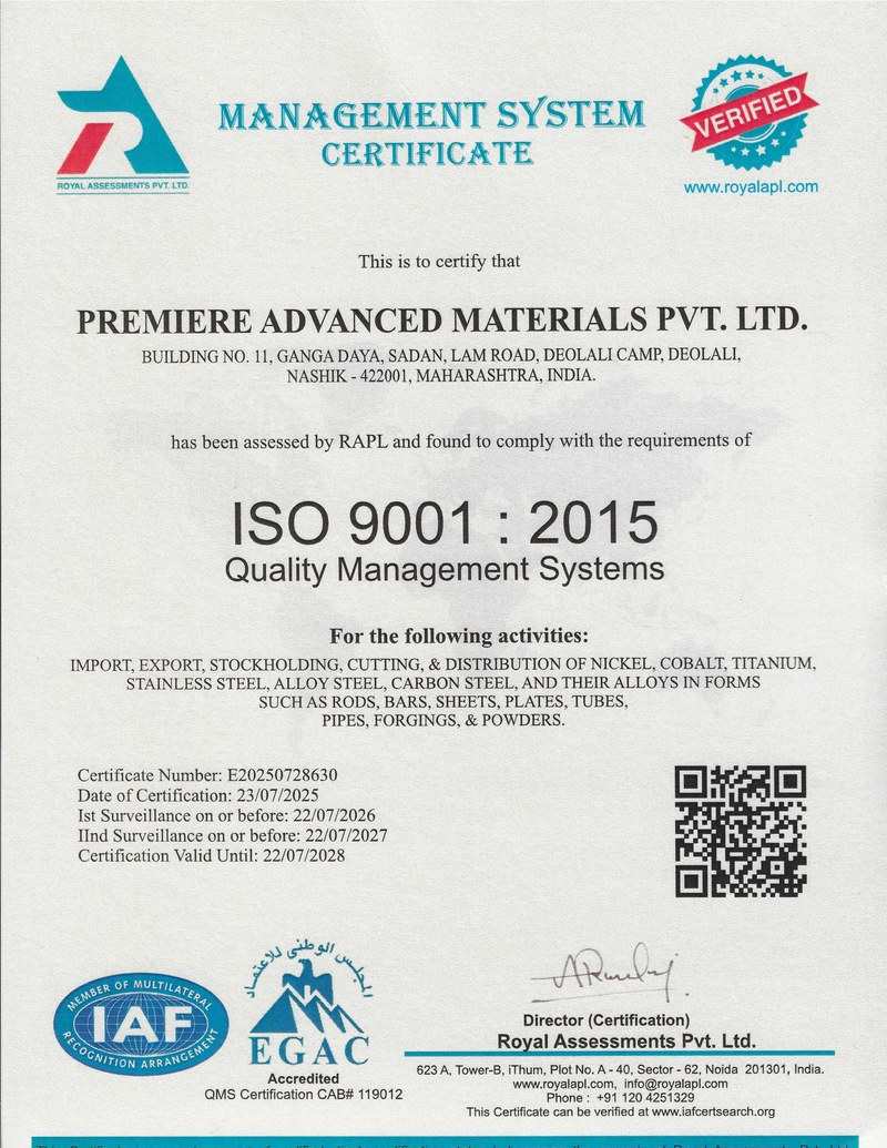 ISO 9001:2015 Certificate — Premiere Advanced Materials Pvt. Ltd.